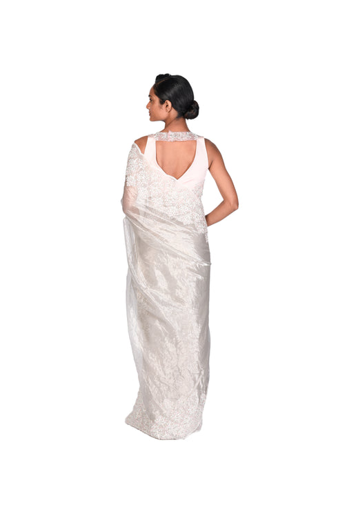 Silver Tissue Saree With EMB Blouse Piece